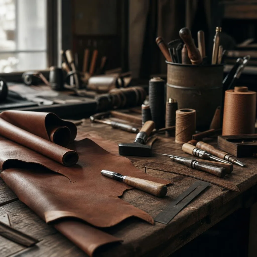 Atelier workbench with leather, thread and hand tools under warm light